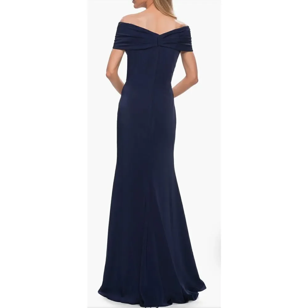 La Femme Off the Shoulder Gown in Navy Blue NWT Size 2